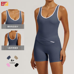 Conjunto de Top de Yoga para Mujer Allure Body, Azul Grisáceo, Cuello Redondo, Espalda Descubierta, Ropa Deportiva, Chaleco Deportivo con Pantalones Cortos - Product Image 1