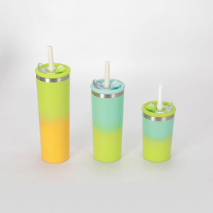 Straight Body Insulated Tumbler With Straw For Kids Travel Use 3 Sizes Gradient Color Design Portable Drink Cup - Product Image 1