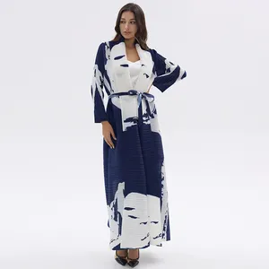 2023 Bohemian High Quality Miyake Pleated Dubai Abaya Muslim Pleated Women's Print Plus Size Loose Long Dress Cardigan Robe