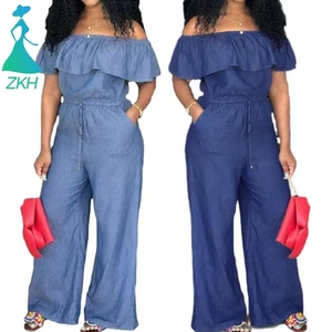 Combinaison-Pantalon Large en Jean à Manches Courtes Col Bateau pour Femme, Style Chaud Été <span class=keywords><strong>2021</strong></span> - Product Image 1