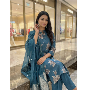 Conjunto de Kurta y Pantalón Recto de Algodón con Estampado Floral Azul Turquesa, Transpirable, de Secado Rápido y Sin Arrugas, con Dupatta, Ropa Étnica para Mujer - Product Image 1