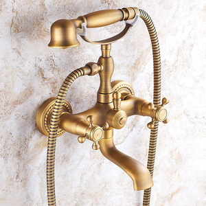 Robinet <span class=keywords><strong>de</strong></span> douche pour <span class=keywords><strong>baignoire</strong></span> en laiton <span class=keywords><strong>de</strong></span> style européen, double poignée, mélangeur chaud/froid, laiton antique, montage mural, douche à effet pluie - Product Image 2