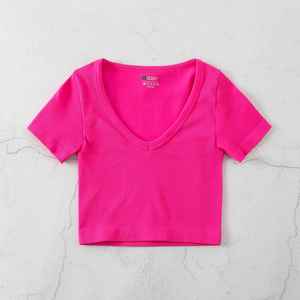Top Corto da Donna a Maniche Corte con Scollo a V, Tinta Unita, Senza Cuciture, in Maglia a Costine Elasticizzata, Stile Streetwear Casual - Product Image 4