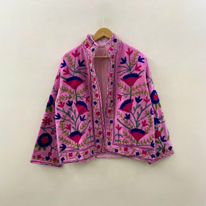 Veste en velours de coton rose brodée à la main, à séchage rapide, respirante, col mandarin, manches longues, pour femme, printemps - Product Image 1