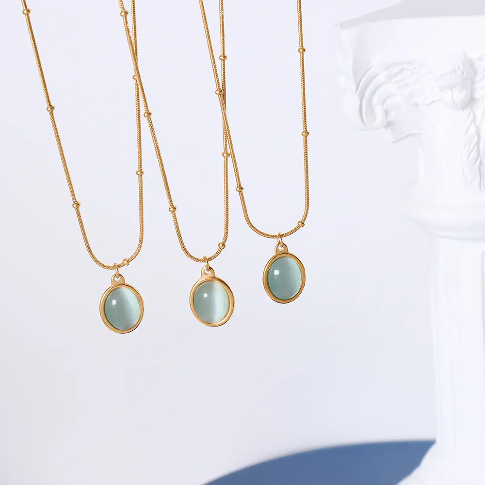 Collier en acier inoxydable plaqué or 18k en pierre naturelle opale ovale oeil de chat collier pendentif pour femmes Ins bijoux