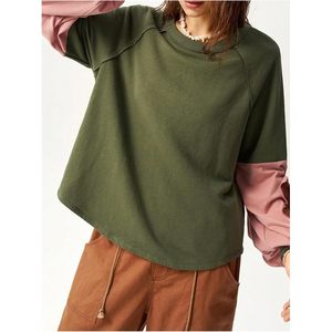 FOXA Women's Oversized Sweatshirt <b>Patchwork</b> Crewneck Petal Sleeve Long Sleeve Pullover <b>Tops</b> Breathable Knitted Cotton Blend - Product Image 5
