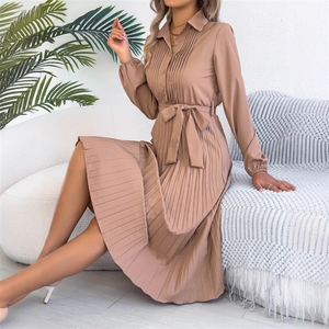 <span class=keywords><strong>Robe</strong></span> plissée élégante unie à revers et manches longues, cintrée à la taille, style européen et américain, collection Printemps/Été 2026, pour femme - Product Image 3
