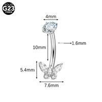 Vente en gros de anneaux de nombril en titane G23 plaqué or 18 carats avec zircon, motif papillon et fleur, bijoux de corps pour mariage, unisexe