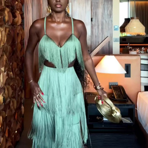Ensemble deux pièces sexy transfrontalier à col en V et franges, robe décontractée de club en polyester bleu - Product Image 1