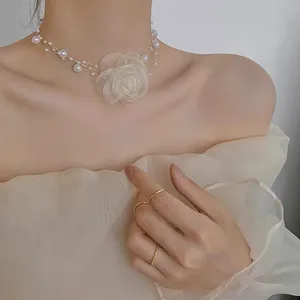 HZS-175 Оптовая Продажа Модные женские украшения ручной работы на шею регулируемые кружева цветок розы жемчужное ожерелье