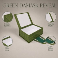 Boîte cadeau Leabon Green Damask pliable avec couvercle magnétique, logo personnalisé, ruban, poignée, emballage de luxe, vente en gros, usine