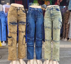 Jeans <span class=keywords><strong>Cargo</strong></span> da <span class=keywords><strong>Donna</strong></span> Casual Traspiranti Lavati Stile Vintage Invernali con Tasche Multiple e Gamba Larga - Vendita all'Ingrosso - Product Image 3