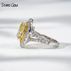 Bague de luxe en or blanc 14 carats avec diamant jaune de laboratoire taille ovale, double halo et diamants, pour femme - Product Image 2