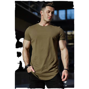 T-shirt à manches courtes pour homme, vert olive, coupe ajustée, col rond, couleur unie, décontracté, en coton tricoté respirant, vêtements de sport - Product Image 1