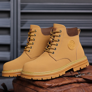 Bottes Martin pour hommes en cuir, semelle épaisse en caoutchouc, talon bas, doublure en polaire isolante, bottes de travail courtes jaunes, automne 2024 - Product Image 3