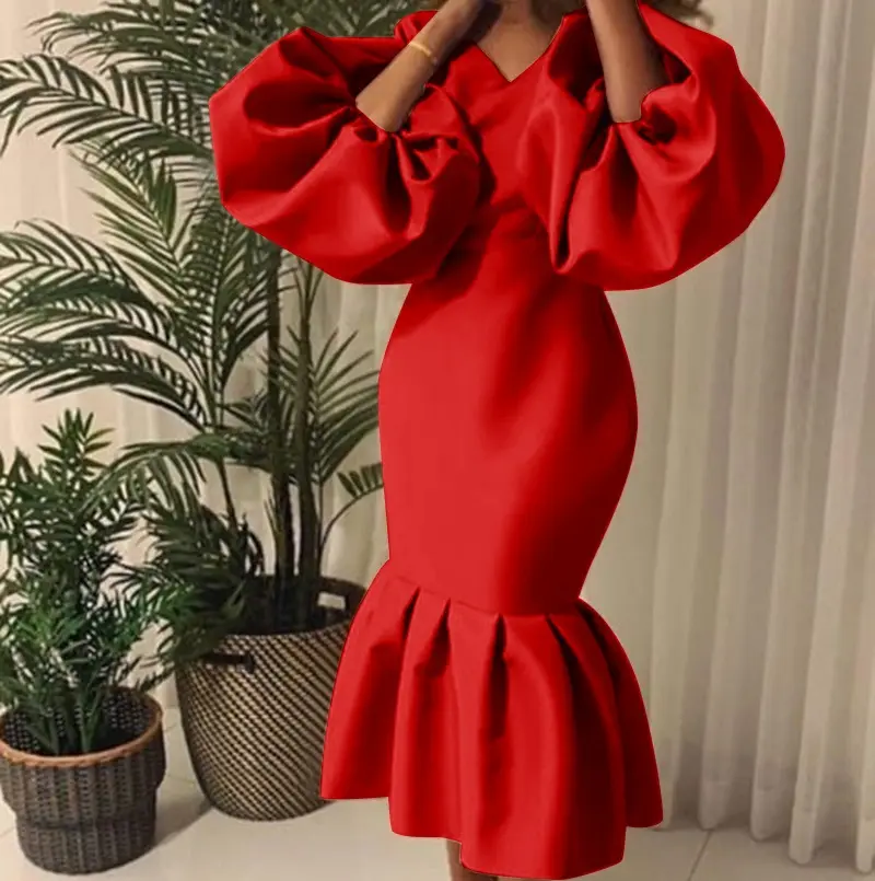 Dresses for Women Puff Sleeve Fishtail Skirt Sexy V-Neck Party Dresses Plus Size XL 2XL 3XL Mujer Vestido Party Dress 2219