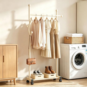 Porte-vêtements métallique sur roulettes, étagère à vêtements autoportante avec crochets latéraux, organisateur de vêtements roulant pour entrée et chambre - Product Image 2
