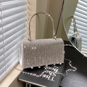 Tassel Shiny Metal Small <b>Square</b> Cover Closure Gold Mobile Phone Rhinestone Chain PU Crossbody Bag for Women Daily Use Tanjing - Product Image 4