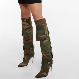 Camouflage Women's Thin Heel Pockets Knee-high Boots Pointed Toe Wide Fit Long Booties Fashion Stiletto <b>Shoes</b> - Product Image 1