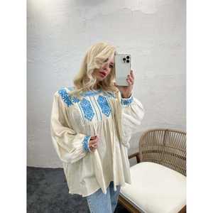 Camisa de Lino Bohemia Bordada para Mujer, Azul, Uso Diario, Transpirable, Manga Larga - Product Image 1