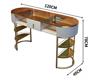 <span class=keywords><strong>Table</strong></span> de manucure ovale 120 cm en verre trempé avec cadre doré, double tiroir de rangement, poste de travail de <span class=keywords><strong>salon</strong></span> avec tabouret et chaise - Product Image 5