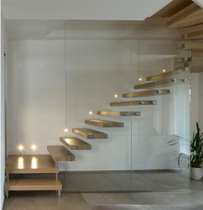 <span class=keywords><strong>Escaleras</strong></span> Flotantes de Madera Maciza Modernas para Interiores, Prefabricadas, con Barandilla de Vidrio, <span class=keywords><strong>Escaleras</strong></span> Rectas en Voladizo con Peldaños de Madera con Luces LED - Product Image 2