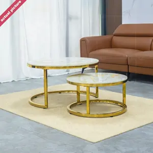 Junqi vente en gros table basse ronde en marbre de style classique de luxe en or pour salon table de mobilier d'intérieur