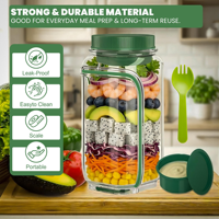 Saladepot met opdrukbaar logo, zijdelings te openen, met lekvrij dressingcompartiment, draagbaar, voor lunch, reizen en buitengebruik.