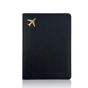 HR242 Gold Stamp ing Mehrfarbiges Flugzeug muster Leder Passport Bag Hand genähte PU Passport Clip Verstellbare Logo Pass hülle