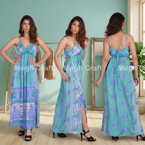 Indian Fusion Designer Summer Formal <b>Spaghetti</b> Strap Floral Print Party Wear Viscose Crepe Maxi Dress-Indo Western <b>Long</b> A-Line - Product Image 6