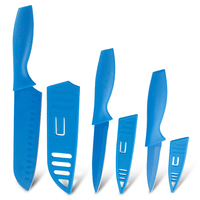 Ensemble de couteaux de cuisine antiadhésifs bleu céruleen Santoku, utilitaire et à éplucher, avec étui pour une utilisation sûre et portable