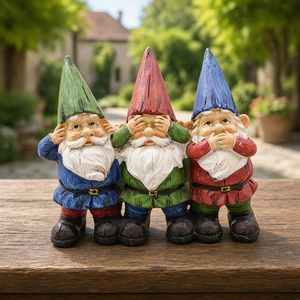 Statua da Giardino in Resina con Tre Gnomi Saggi dall'Aspetto Invecchiato per Decorazioni Esterne - Product Image 1