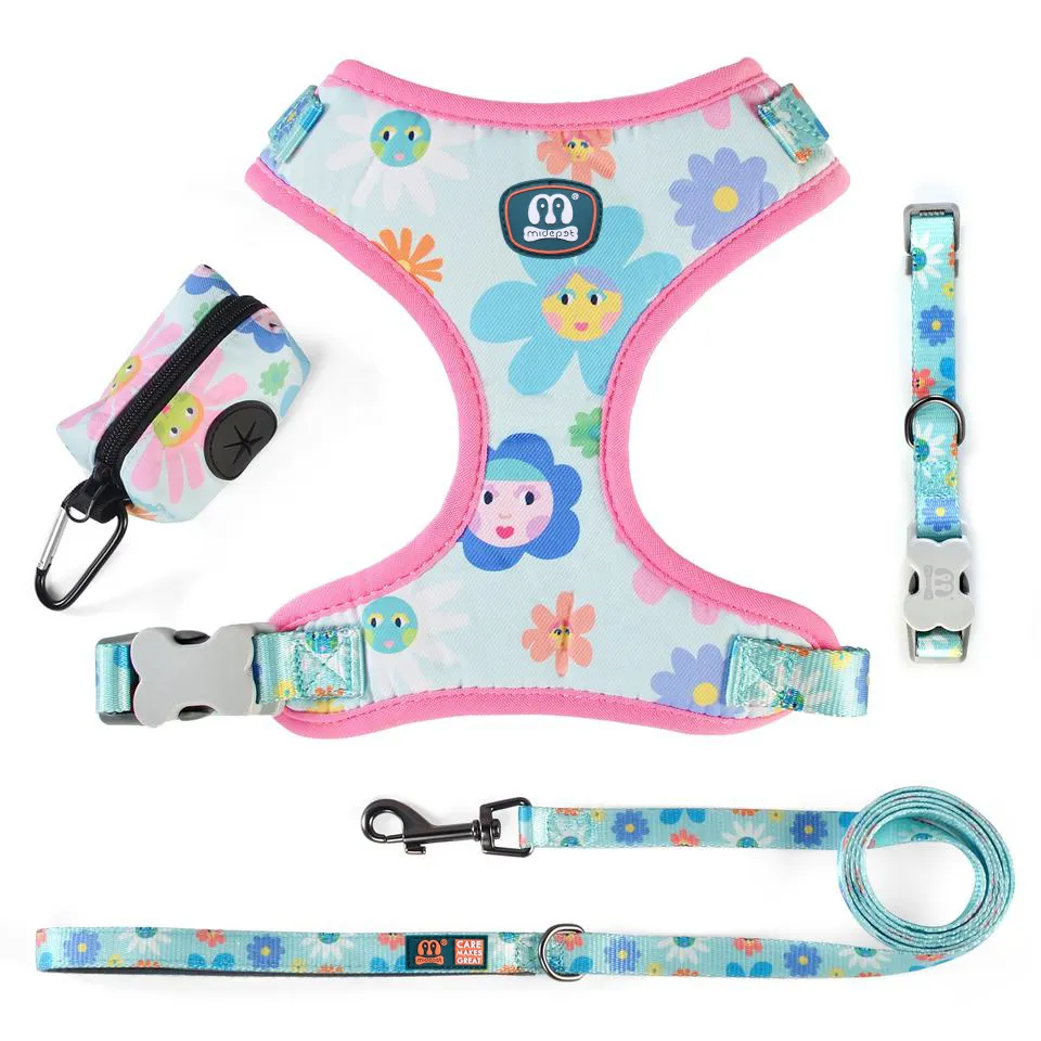 MIDEPET Pet Product Supplier Dog Leash Customized Pattern Logo And Poop Bag Holder Comfortable Breathable Dog Harness And Leash