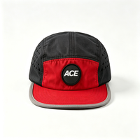 Casquette de camping 5 panneaux avec logo personnalisé en patch tissé, toile noire et rouge découpée au laser, pour activités de plein air, sport, voyage, adultes, unisexe, légère et à séchage rapide