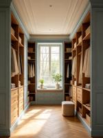 Armoire de luxe sur mesure en bois massif de style français vintage avec portes sculptées dorées, dressing intégré pleine hauteur pour chambre à coucher
