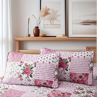 Ensemble de couvre-lit en patchwork de coton polyester rose 3 pièces comprenant 1 couvre-lit et 2 taies d'oreiller, respirant, toutes saisons, style chinois