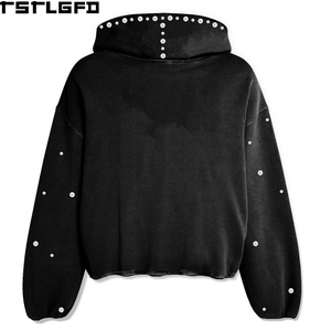 เสื้อฮู้ดดี้ทรงบ็อกซี่แบบตัดเย็บประดับหมุดโลหะ ล้างสีแบบแอซิดวอช มีกระเป๋าคู่ แต่งดีเทลขาดๆ แนวสตรีทแวร์ ขายส่ง - Product Image 2
