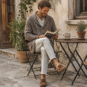 Cardigan ample en tricot torsadé 100 % <span class=keywords><strong>laine</strong></span> pour homme, col châle épais, boutonné, idéal pour l'automne et l'hiver - Product Image 4