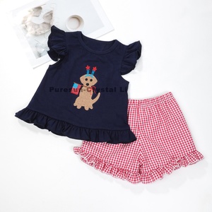 Set di <span class=keywords><strong>abbigliamento</strong></span> Casual da ragazza progettato in fabbrica 4 ° vestito July con camicia di cotone Seersucker Shorts ricamato Set 2 pezzi per cuccioli - Product Image 1