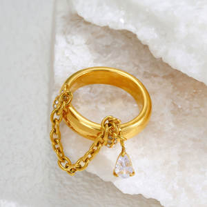 แหวนชุบทอง18K หนาทำจากสเตนเลสแนววินเทจทันสมัยพร้อมโซ่อันโอชะและเพทายรูปหยดน้ำตาเป็นประกาย-อุปกรณ์เสริมสำหรับงานเลี้ยงที่ไม่เหมือนใคร - Product Image 2