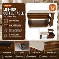 Table basse relevable en buis massif avec plateau aspect pierre, mécanisme de levage en métal noir, tiroir de rangement – Fournisseur en gros moderne