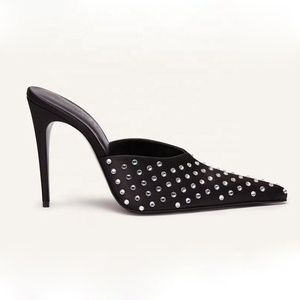 Sandales à talons aiguilles pour femmes, grande taille 45, avec strass en cristal, chaussures de soirée, talons fins, mules à bout large - Product Image 6