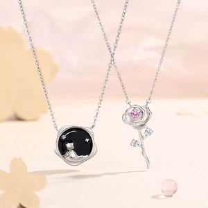 S925 Sterling Silver <b>Couple</b> <b>Necklace</b> Boy and Roses Flower Pendant Clavicle Chain <b>Necklace</b> Jewelry for Valentine's Day - Product Image 2