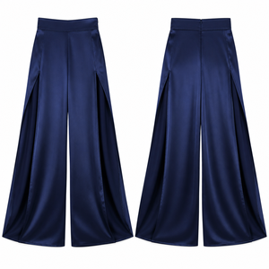 <span class=keywords><strong>Pantalon</strong></span> Palazzo en Satin Bleu Nuit Personnalisé pour <span class=keywords><strong>Femme</strong></span>, Taille Haute, Fente Latérale, Élégant, Brillant, pour Soirée et Cérémonie, Effet Spectaculaire - Product Image 4