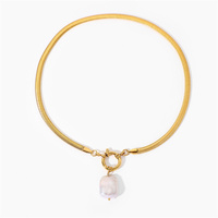 Kalung liontin mutiara elegan wanita, kalung Choker rantai ular emas Stainless Steel 18K untuk wanita
