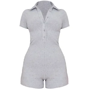 Ladies Casual Sports Vacation High Quality Polyester Pretty Little Thing Stone Brushed Rib Short Sleeve Play-suit