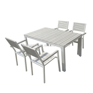 K.D Structure Table and Stackable Chairs Garden Dining Sets Outdoor Table Material: Aluminum Frame + Plastic Wood Slats