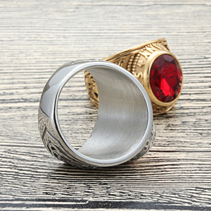 yunnique Men's <b>Titanium</b> Steel <b>Ring</b> Red Gemstone Bezel Setting Letter Design Punk Style Fashion Jewelry Gift 27046 - Product Image 2