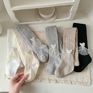 Leggings pour filles printemps-automne en gros avec nœud en dentelle sur un côté, couleur unie, en coton - Product Image 1
