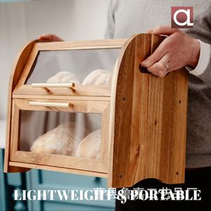 Solid Wood Double Layer Bread <b>Box</b> With <b>Glass</b> Door And Handle For Kitchen Countertop Storage - Product Image 2